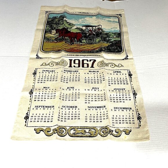 Vintage 1967 Calendar Tea Towel Currier Ives - Picture 1 of 5